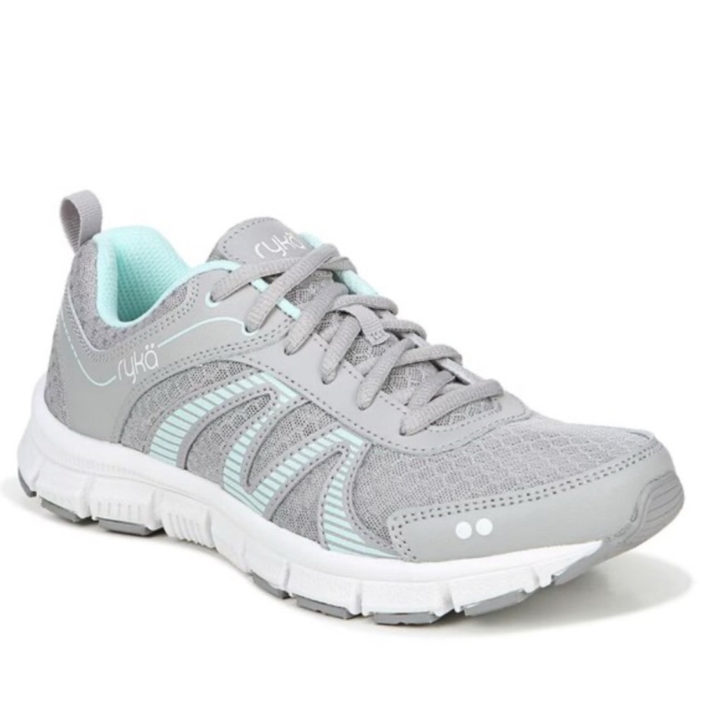 Ryka Women's Heather Sneaker Memory Foam Comfort Walking Shoe Grey/Sea Foam Blue